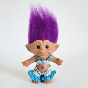 Vintage Ace Treasure Troll Doll Dark Purple Hair Blue Floral Outfit